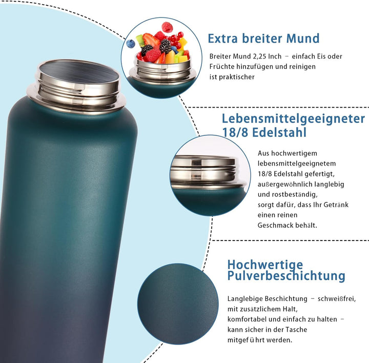 Volhoply 1 Liter Trinkflasche Edelstahl mit Strohhalm,Doppelwandig Vakuum Isolierte Thermosflasche m