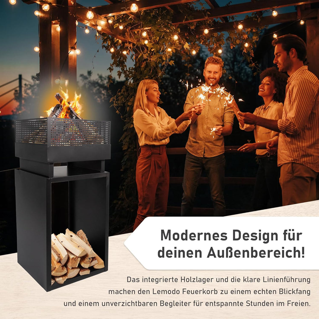 Lemodo Feuerkorb mit Holzlager – Feuerstelle aus robustem Stahl, modernes Design, ideal für Garten u