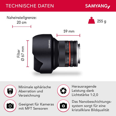 Samyang 12mm F2.0 MFT schwarz - Weitwinkel Festbrennweite für Micro Four Thirds Anschluss, manueller