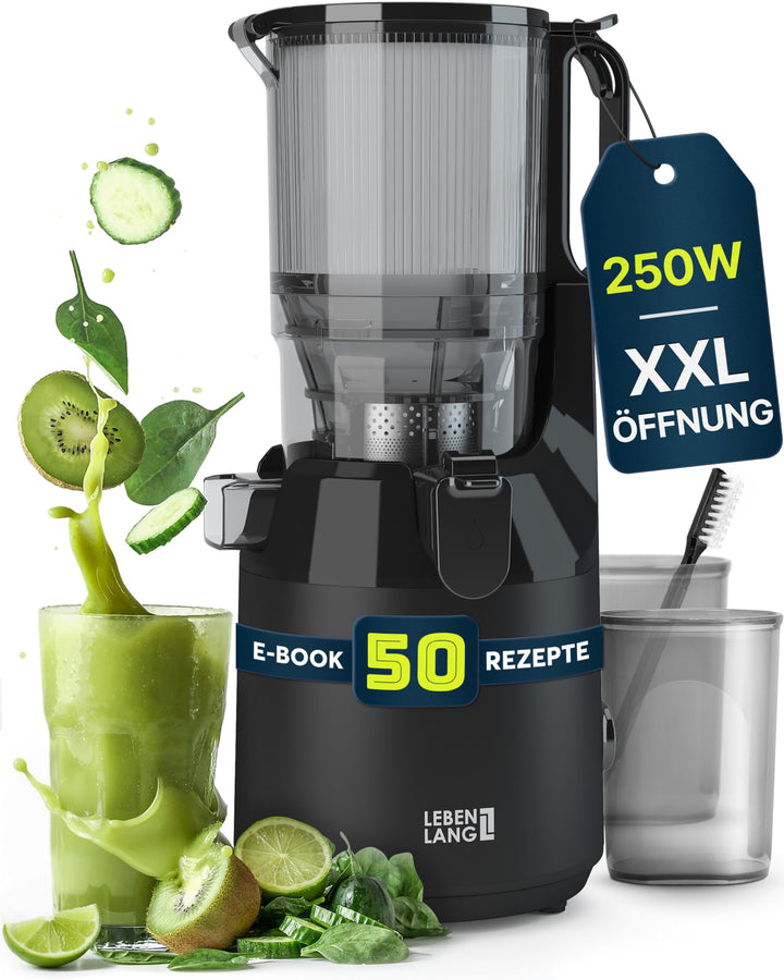 LEBENLANG Entsafter Slow Juicer - Inkl. Rezeptbuch & Grosse 130mm Öffnung I Perfekt für Obst ganze F