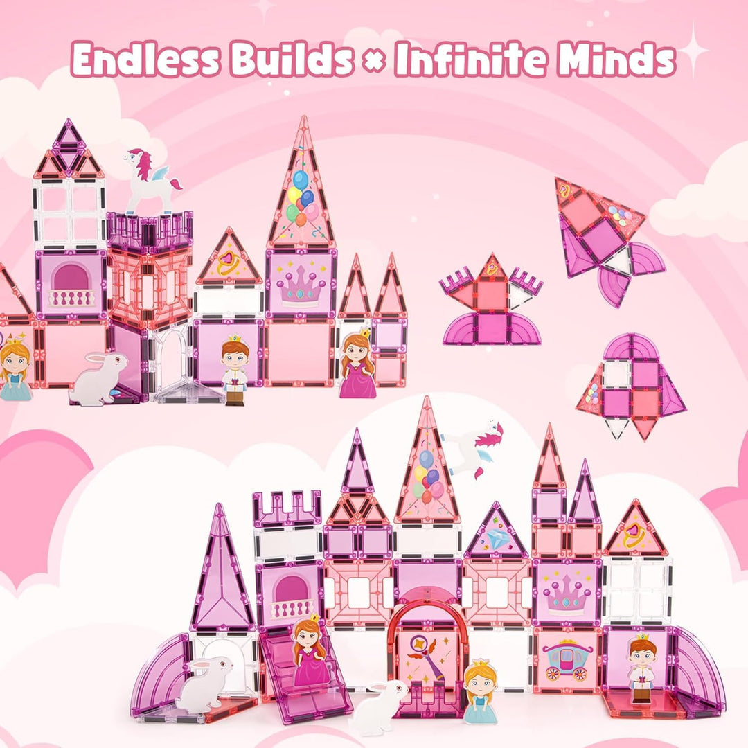 Magnetische Fliesen Set, 3D Märchen-Schloss in Pink, Magnetkacheln für Kinder ab 3 Jahren, STEM Baus