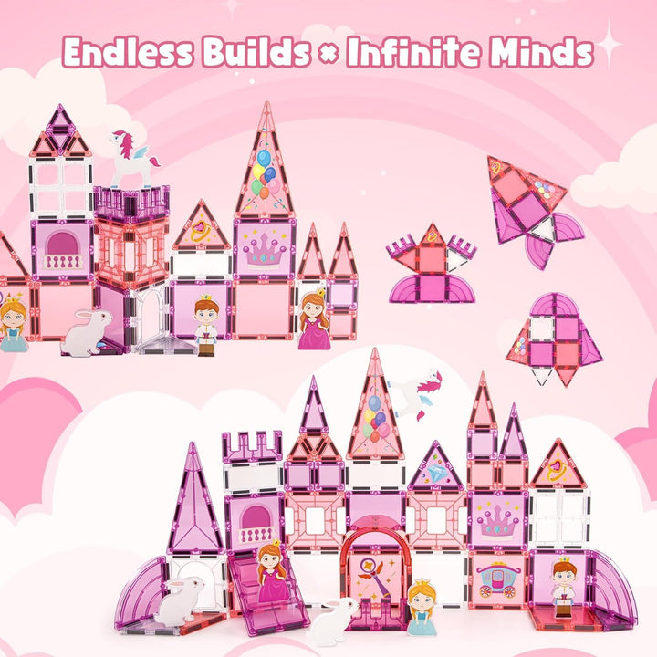 Magnetische Fliesen Set, 3D Märchen-Schloss in Pink, Magnetkacheln für Kinder ab 3 Jahren, STEM Baus