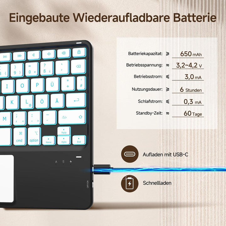 CACOE Bluetooth Tastatur mit Touchpad, Kabellose mit 7 Farben Beleuchtete | QWERTZ Tastatur Kompatib