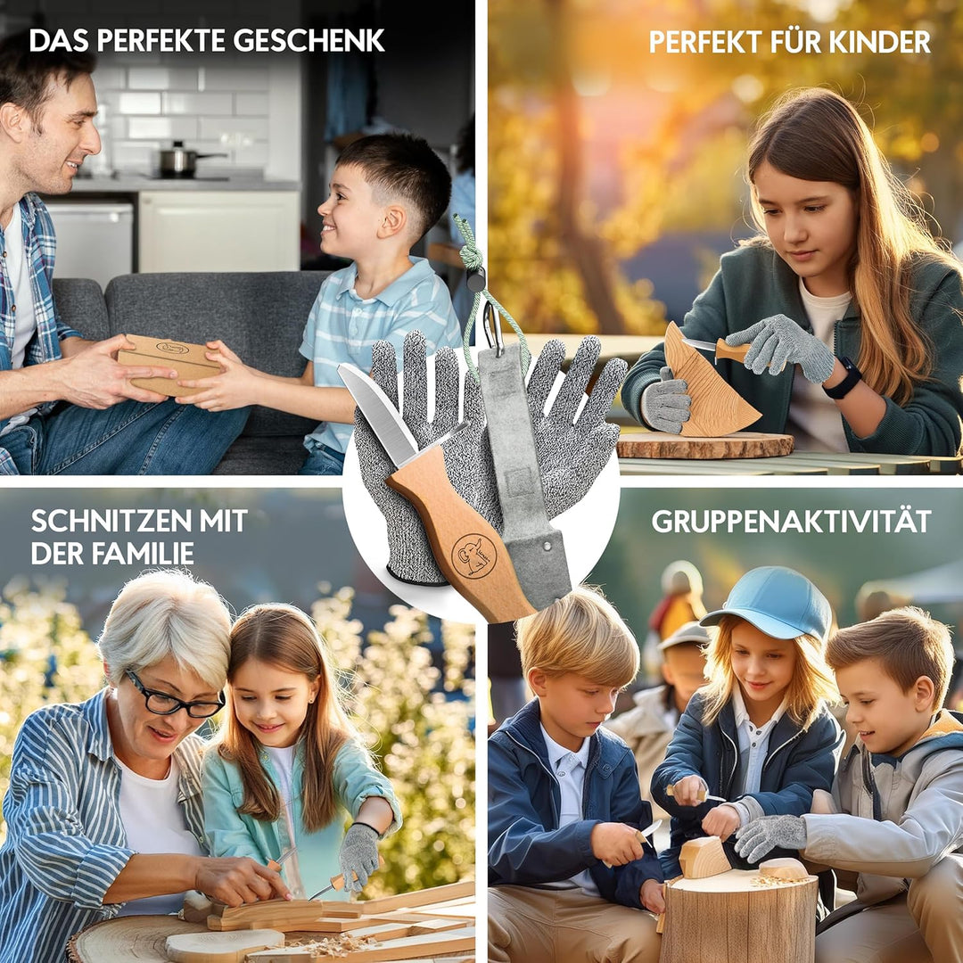 Eli® Schnitzmesser Kinder mit Filztasche und Schnitzholz ab 6 Jahre - hochwertiges Kindermesser Schn