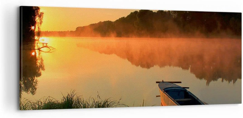 Panorama Bilder auf Leinwand 100x40cm Leinwandbild Morgen Nebel See Landschaft Gross Wanddeko Bild S