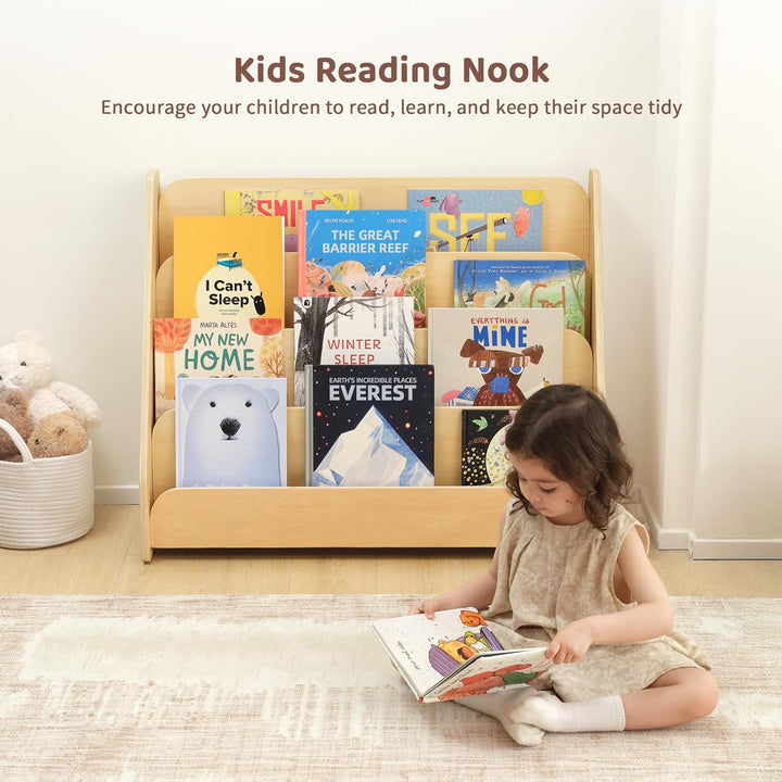 OOOK Bücherregal Kinder Holz mit 4 Ablagen, Montessori-bücherregal Kinderzimmer, Frontales Bücherreg