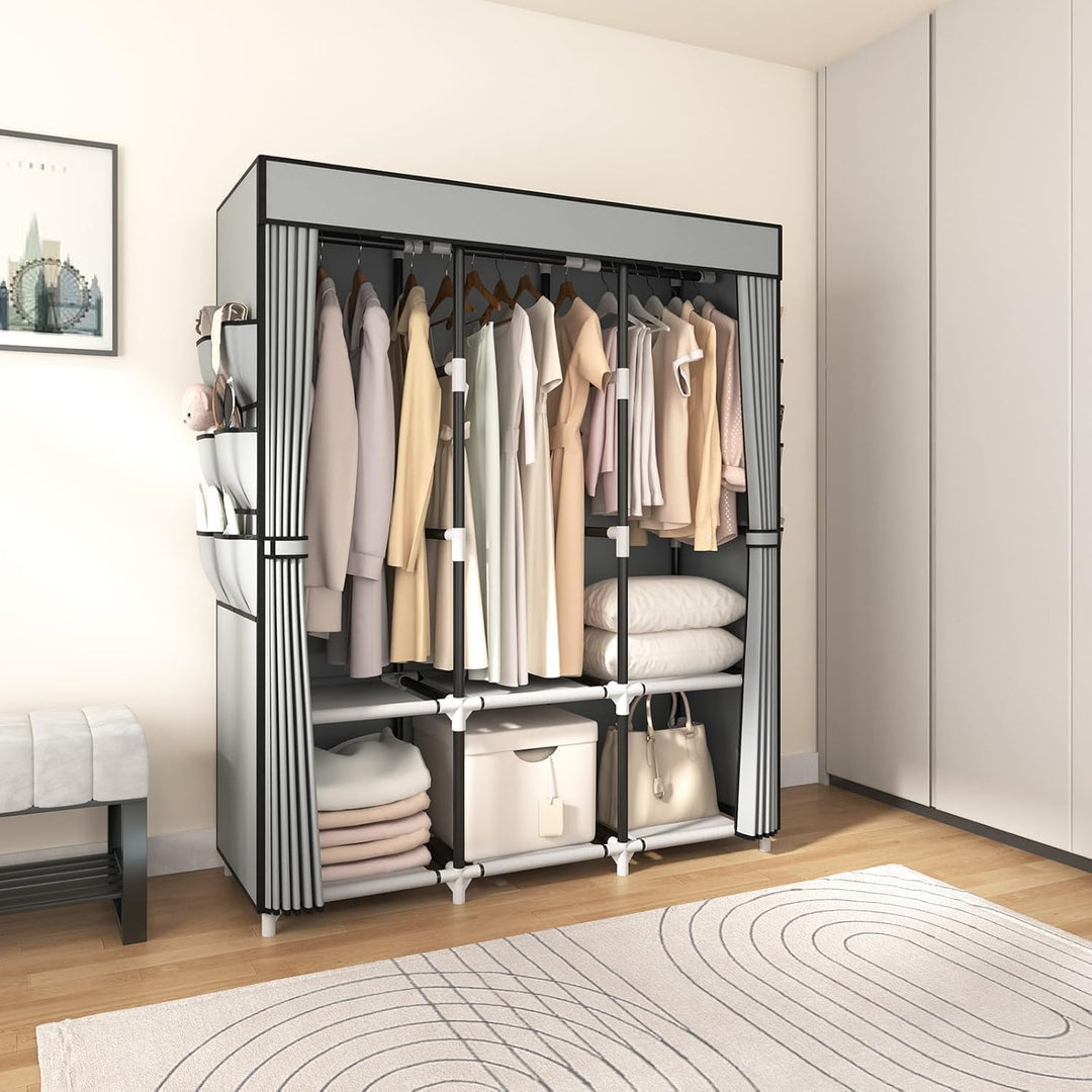 Kleiderschrank, Stoffschrank, Kleiderschränke mit Abdeckung, 3 Kleiderstangen, 6 Ablageflächen und S