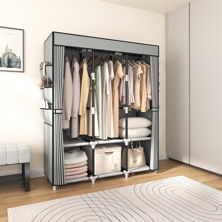 Kleiderschrank, Stoffschrank, Kleiderschränke mit Abdeckung, 3 Kleiderstangen, 6 Ablageflächen und S