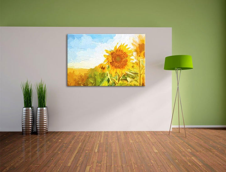 Pixxprint Sonnenblumenfeld als Leinwandbild/Grösse: 100x70 cm/Wandbild/Kunstdruck/fertig bespannt, 1