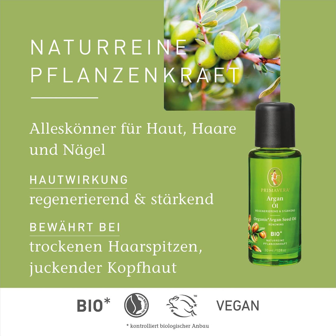 PRIMAVERA Pflegeöl Arganöl bio 30 ml - naturreine Pflanzenkraft - Glasflasche - Aromaöl, Körperöl, N