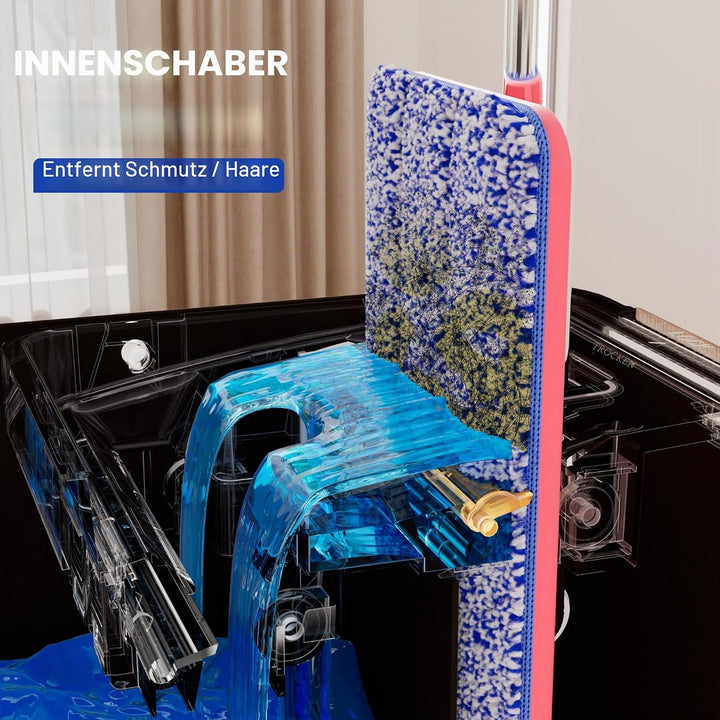 JOYMOOP Wischmopp und Eimer mit Auswringer-Set, freihändiger Flacher Bodenwischer und Eimer, mit 6 w