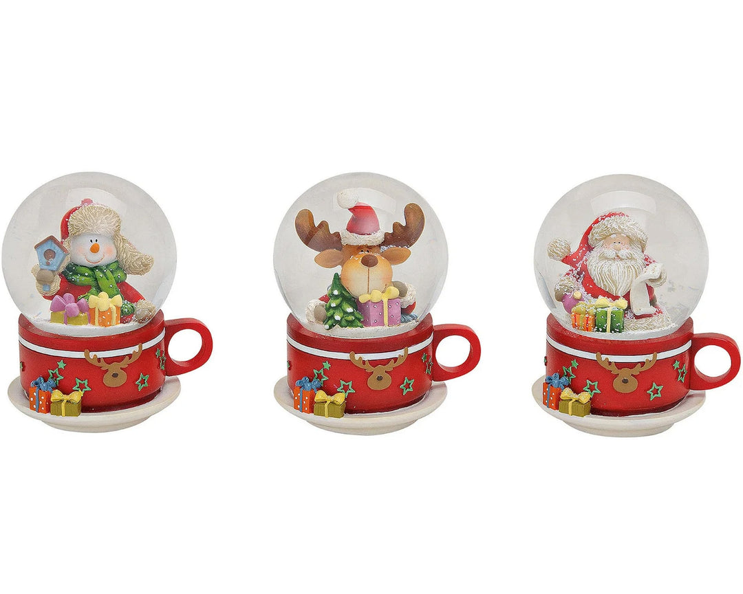 3 Stück Schneekugel Weihnachten Rentier Schneemann und Nikolaus in Tasse Deko Figuren 5x7x5 cm
