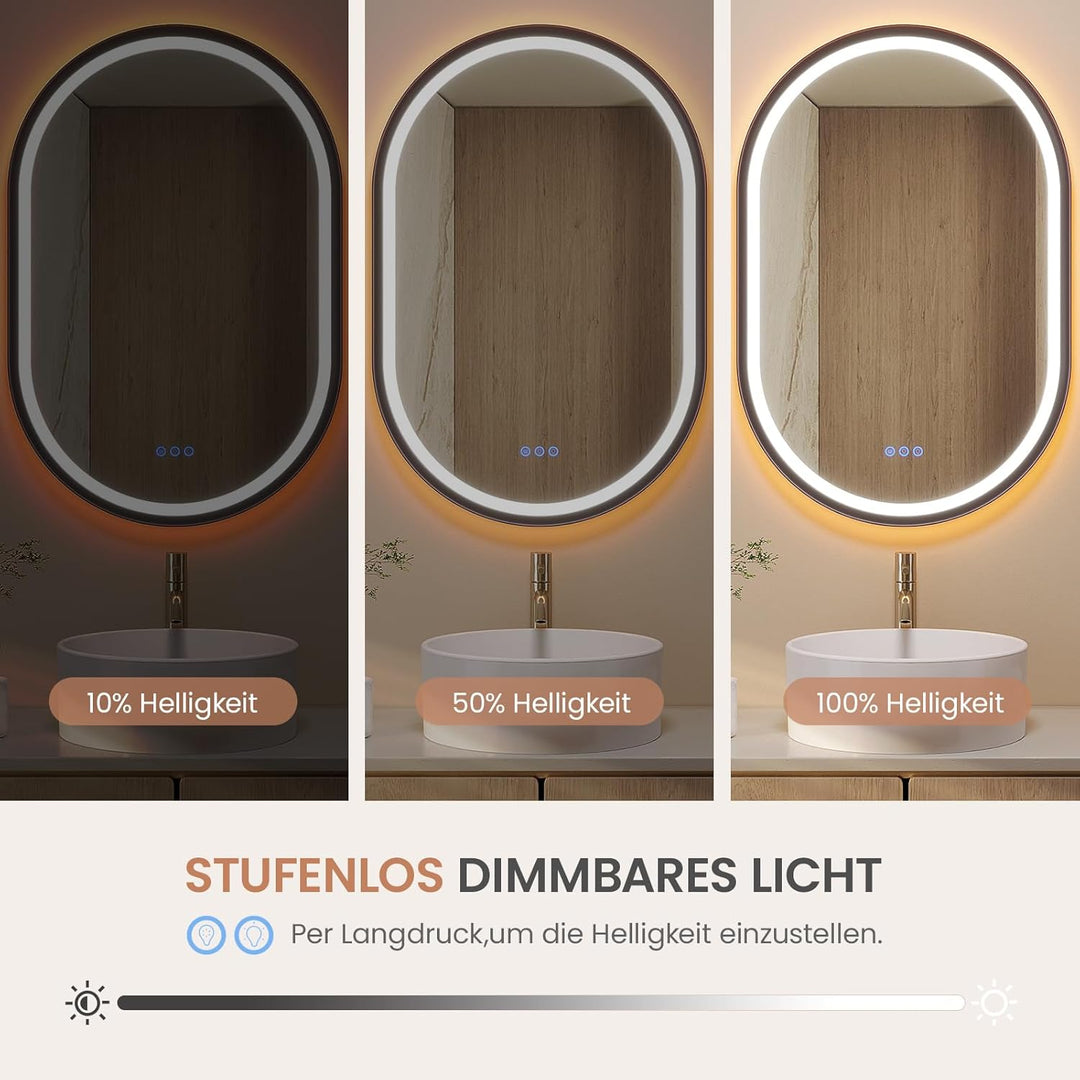 AQUABATOS Badspiegel mit Beleuchtung Oval schwarz quer senkrecht 60 x 90 cm Aluminiumrahmen Schrägde