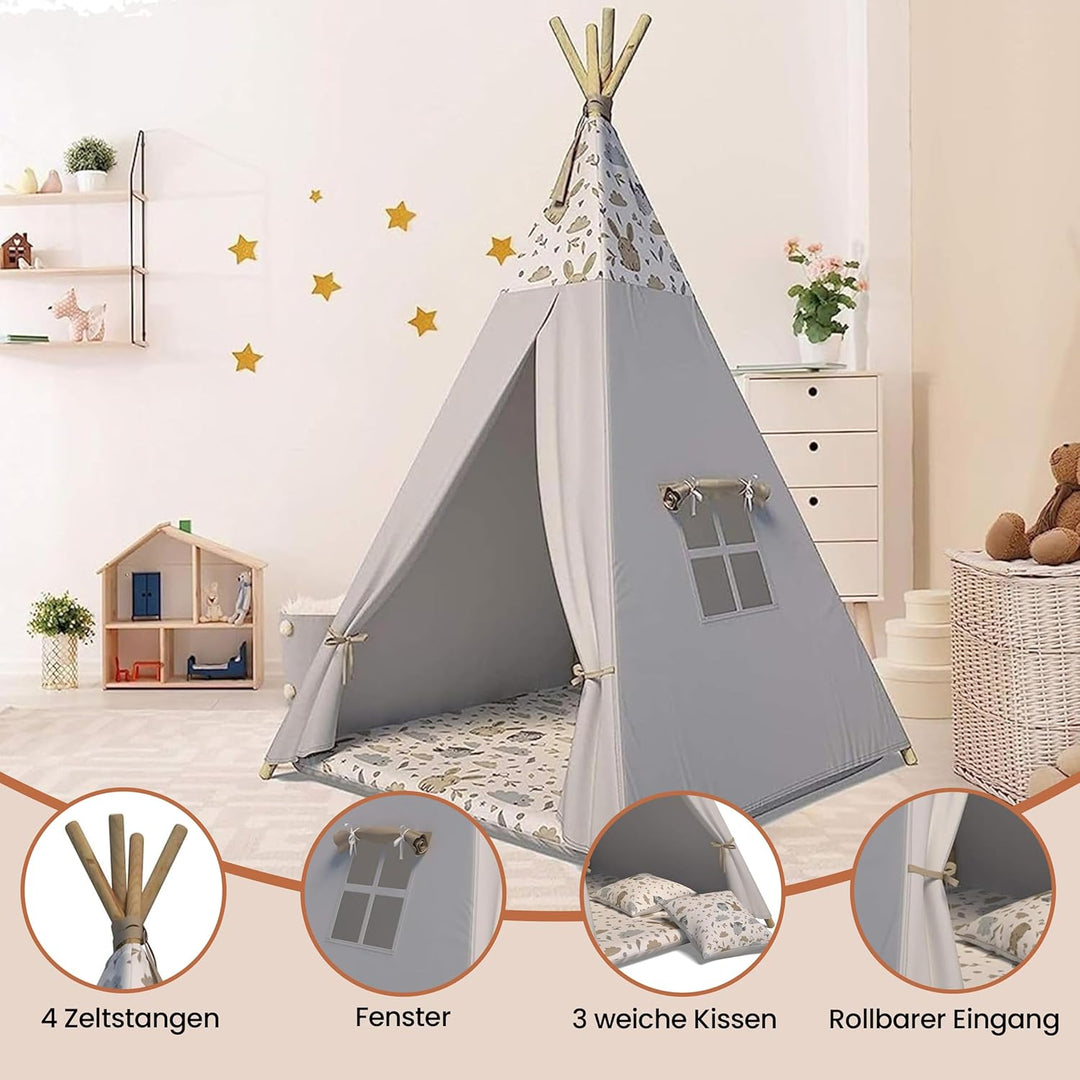 Best For Kids Spielzelt Tipi Zelt Indianer Wigwam für Kinder mit Zubehör (Grau Tierchen), Grau Tierc