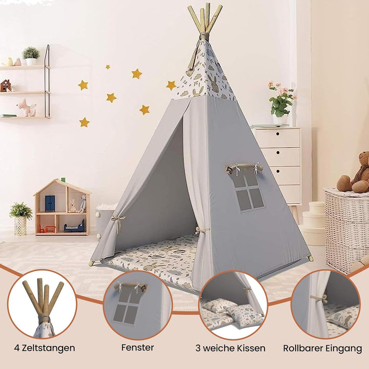 Best For Kids Spielzelt Tipi Zelt Indianer Wigwam für Kinder mit Zubehör (Grau Tierchen), Grau Tierc
