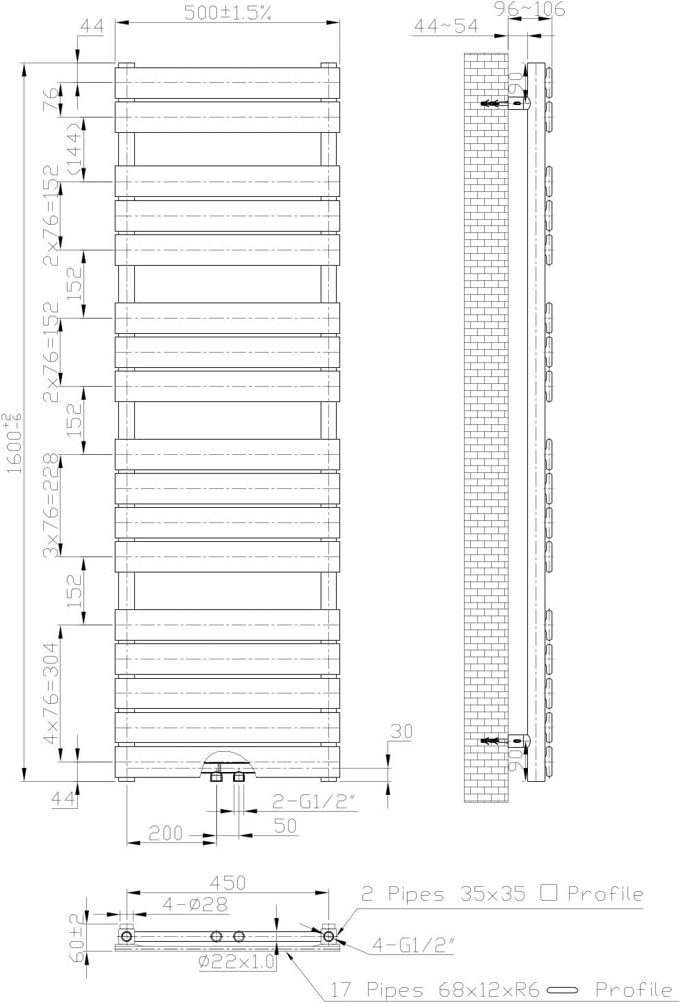 WEBER Badheizkörper Mittelanschluss Design Handtuchheizkörper Handtuchwärmer NEU in ver. Grössen (50