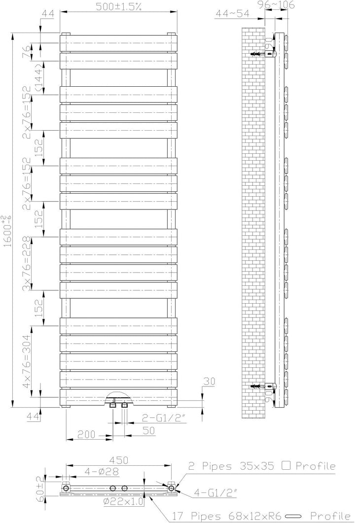 WEBER Badheizkörper Mittelanschluss Design Handtuchheizkörper Handtuchwärmer NEU in ver. Grössen (50