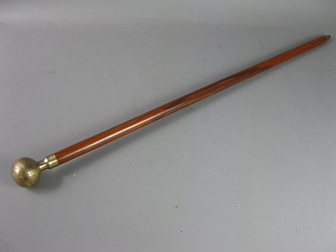 Vintage Holz Gehstock Spazierstock Wanderstock Gehhilfe mit Messing Griff Globus Weltkugel 94cm M 39