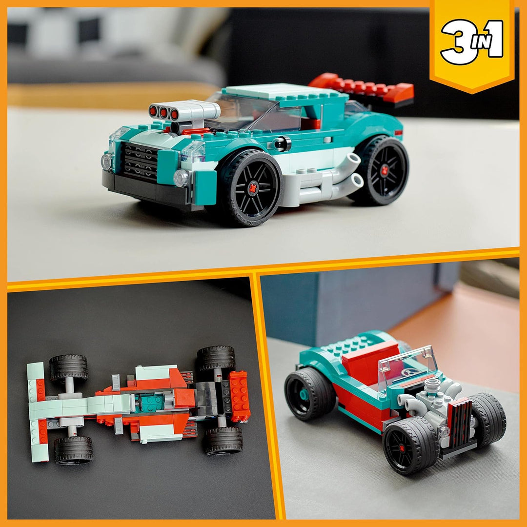 LEGO 31127 Creator 3-in-1 Strassenflitzer: Rennwagen, Muscle Car und Hot Rod, Modellauto Bausatz, Sp