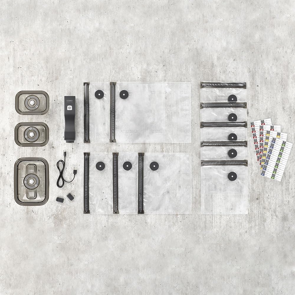 CASO Vacu OneTouch Eco-Set, Handvakuumierer inkl. 3 Vakuumbehälter aus Glas, 10 ZIP-Beutel und Food