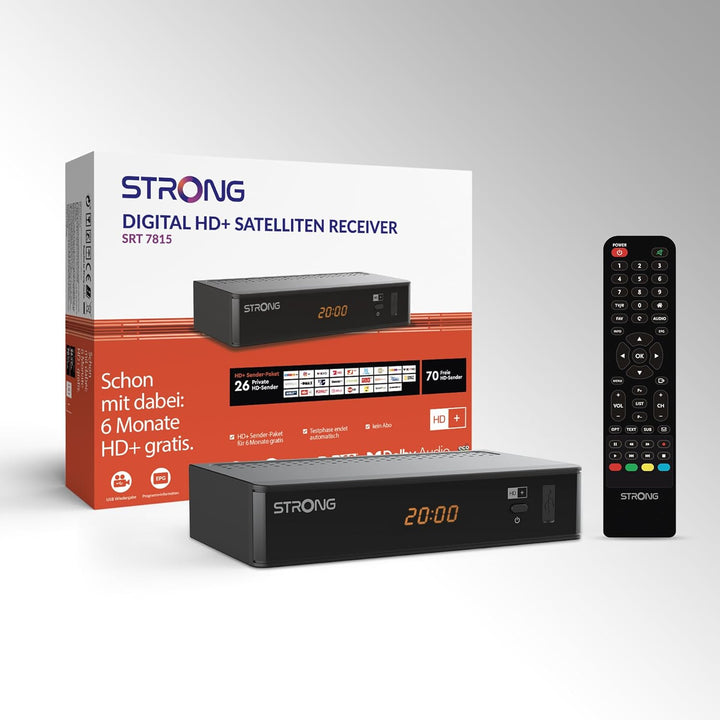STRONG SRT7815 Digitaler HD Satelliten-Receiver, HD-SAT-Empfang, DVB-T2 HD, inklusive HD+ Karte für
