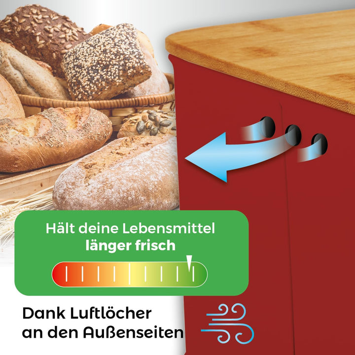 Lumaland Cuisine Brotkasten | Brotdose aus Metall mit Bambus Deckel | Brotbox rechteckig 30,5 x 23,5