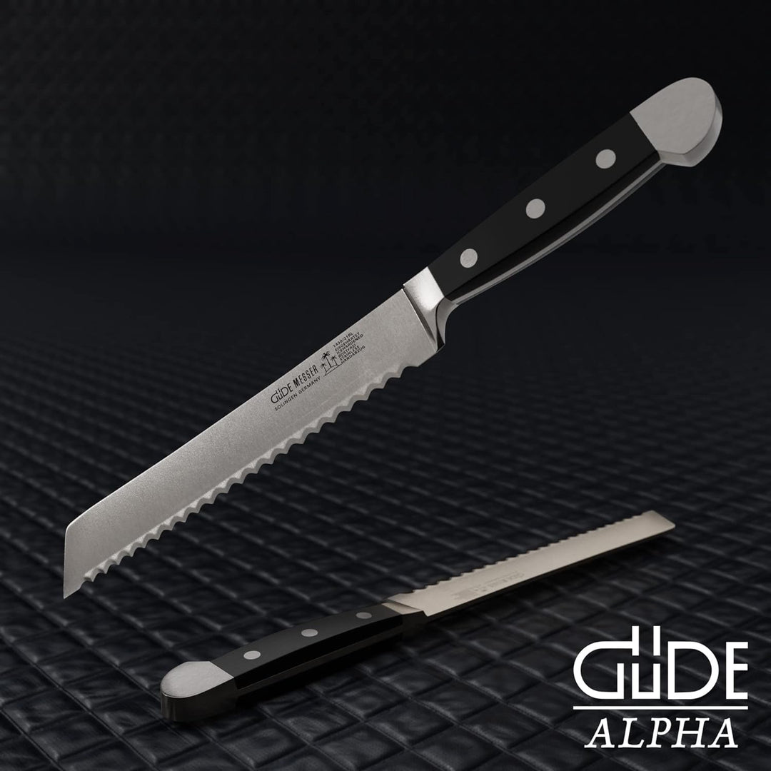 GÜDE Solingen - Brotmesser Für Links und Rechtshänder geschmiedet, 21 cm, POM schwarz, ALPHA, Doppel