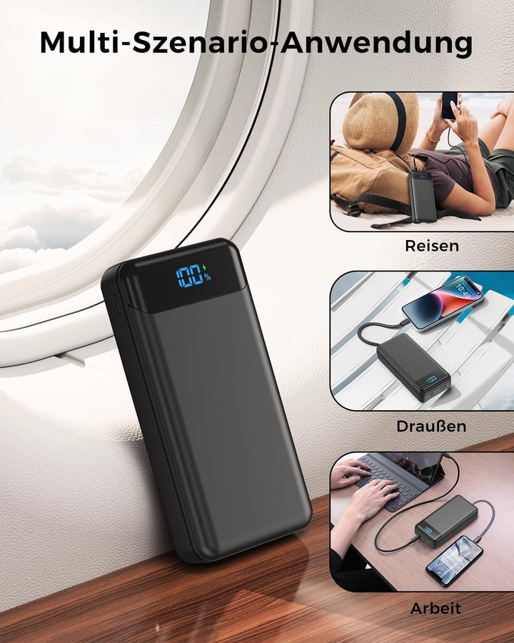 Power Bank 27000mAh, Powerbank PD 20W Schnellladen mit Integriertem USB-C Kabel, 4 Ausgänge & 3 Eing