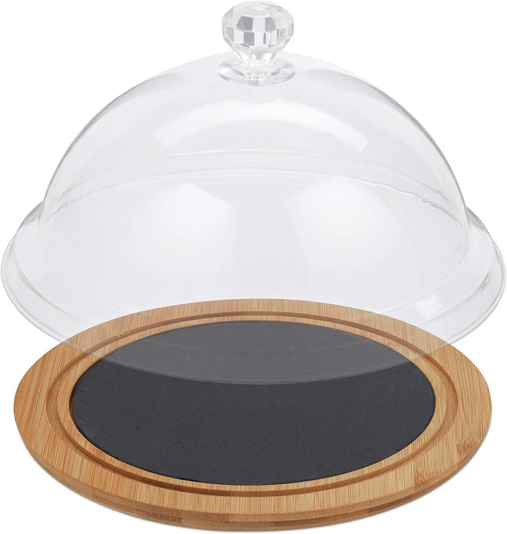 Relaxdays Käseglocke mit Käsebrett, Stahl Käsebesteck, Käsemesser, Käsegabel, Servierplatte, Bambus,
