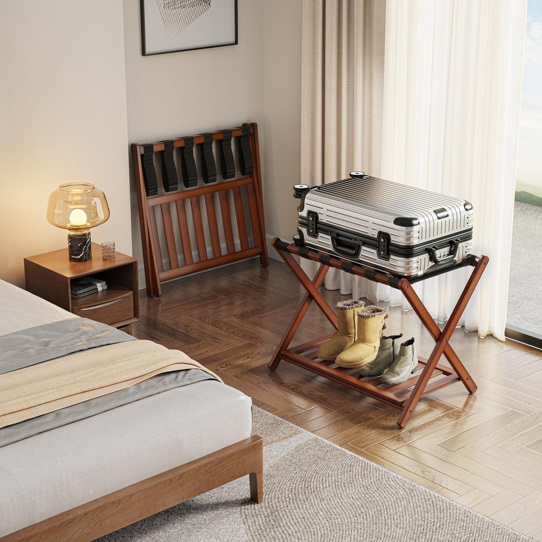 2er Set Bambus Gepäckablage für Gästezimmer, 26,77" Klappbarer Kofferständer mit Ablagefach, Verstär