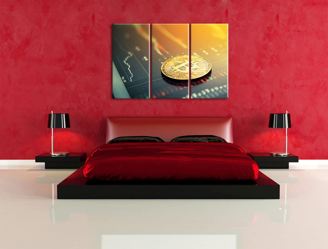 Bitcoin BTC Aktienmarktals Leinwandbild 3 teilig | Grösse: 120x80 cm | Wandbild | Kunstdruck | ferti