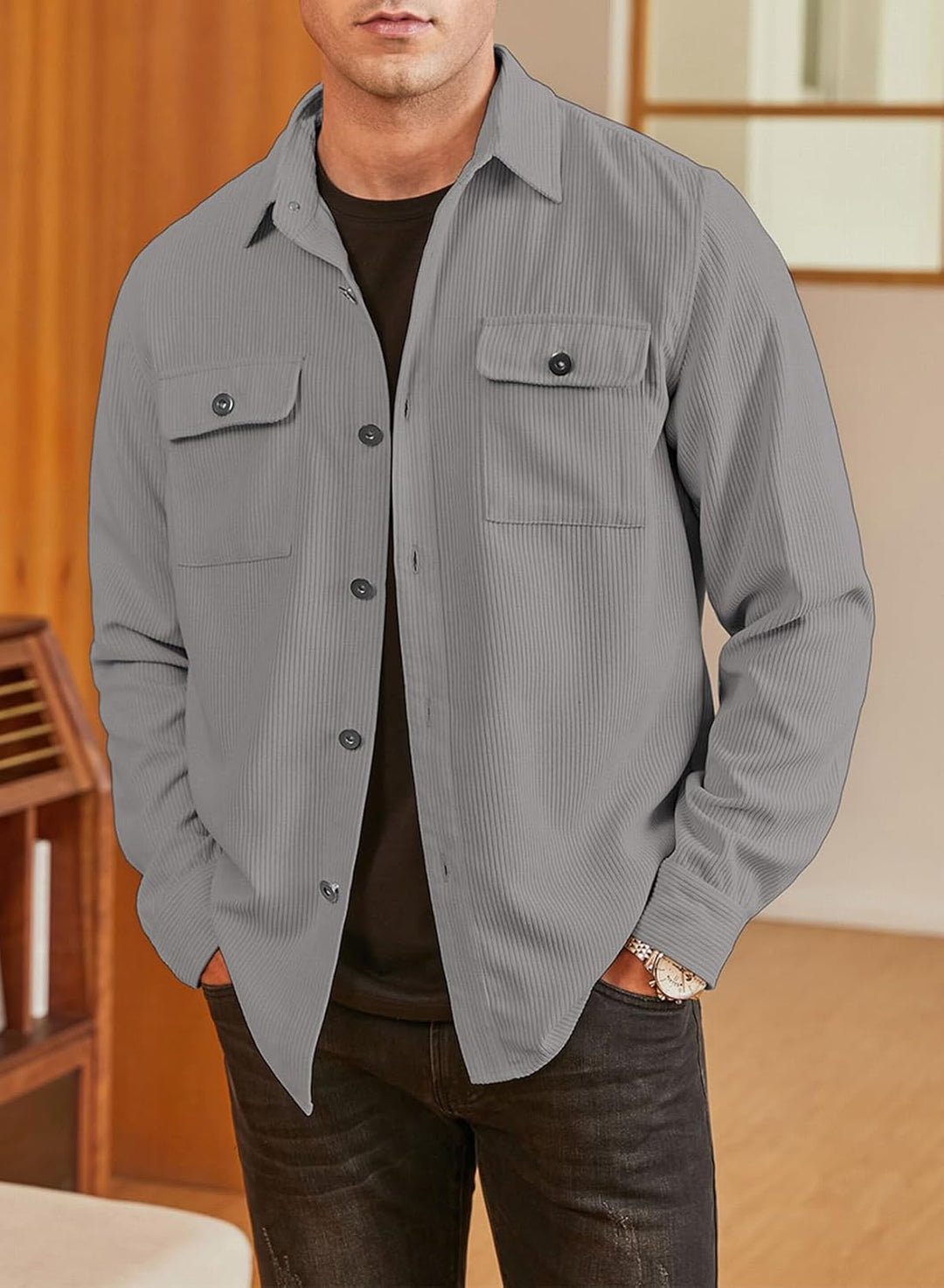 Herren Hemd Cord Langarm Freizeithemd Männer Jacke Regular Fit Button Up Hemdjacke Mit Klappentasche