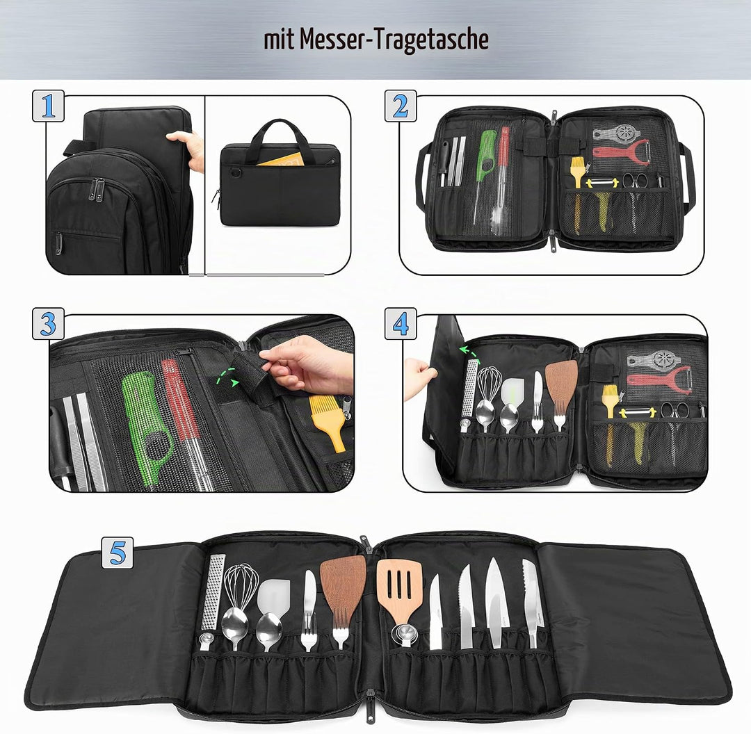 samdew 3 lagiger Koch Rucksack mit Messer Tasche, Koch Messer Set Tasche Rucksack mit 12 + 23 Slots