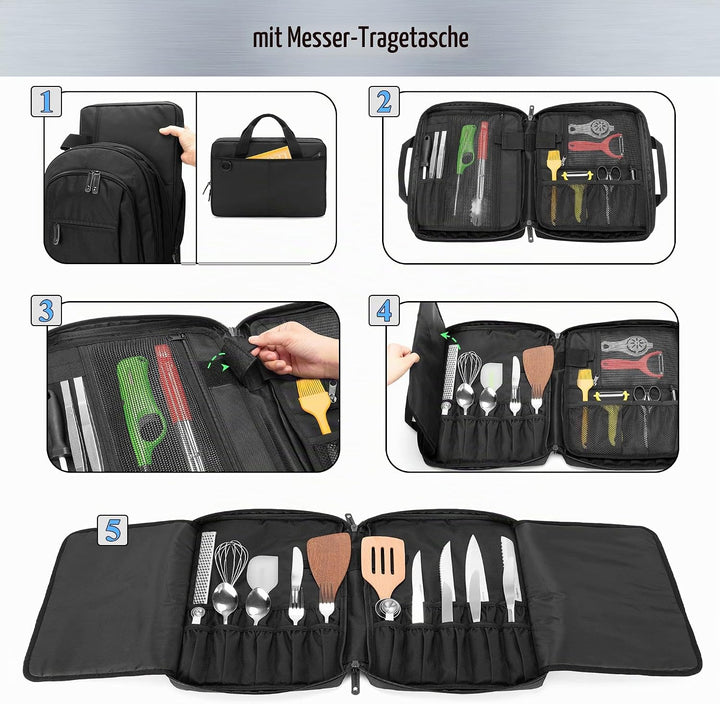 samdew 3 lagiger Koch Rucksack mit Messer Tasche, Koch Messer Set Tasche Rucksack mit 12 + 23 Slots