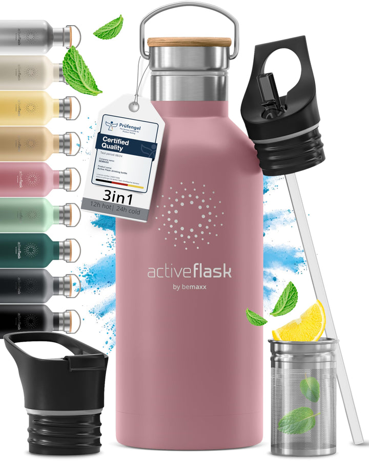 Trinkflasche Edelstahl mit Strohhalm, Infuser + 3 Deckel: BPA-frei, Auslaufsicher, Kohlensäure geeig