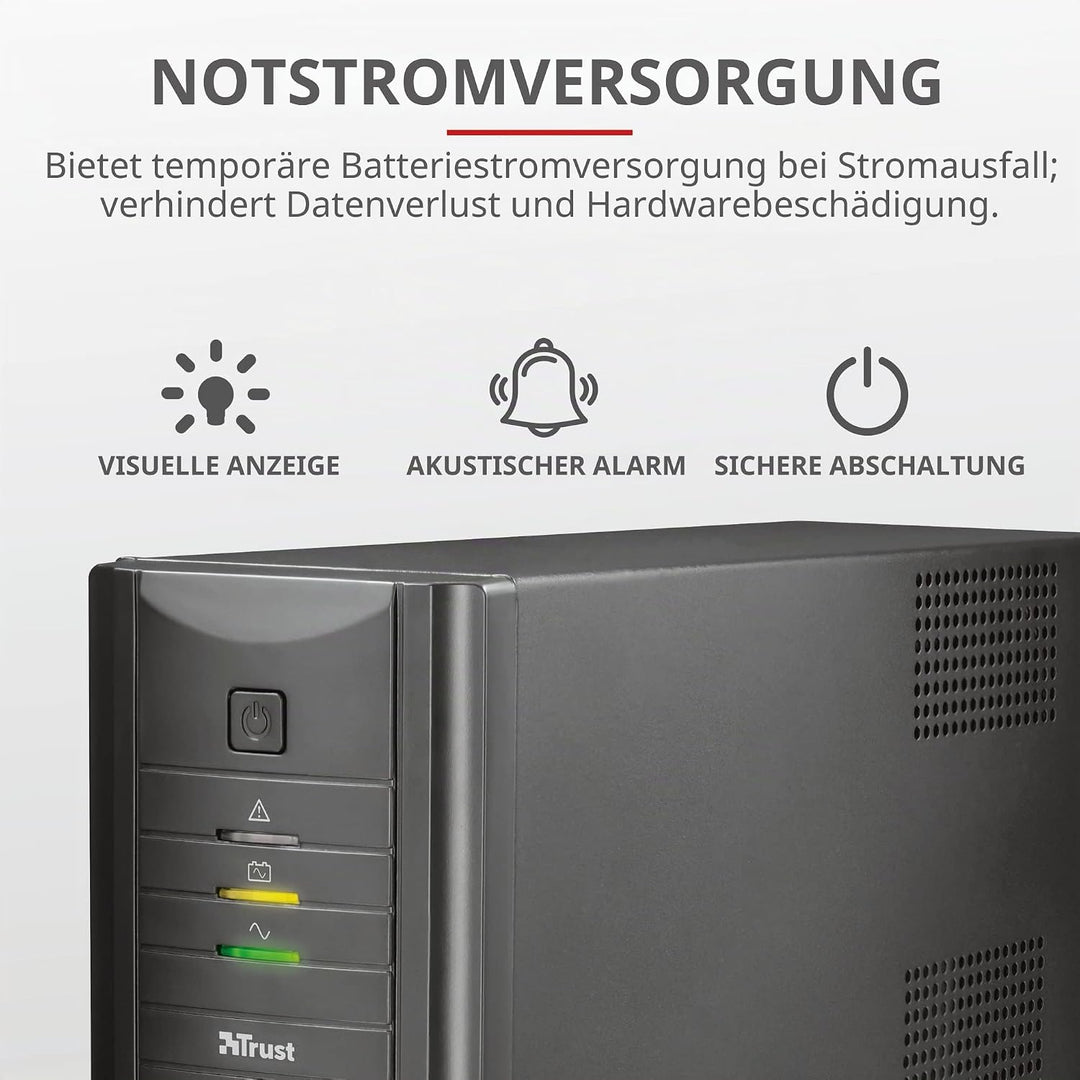 Trust Oxxtron Unterbrechungsfreie Stromversorgung mit 2 Steckdosen A Wand, Schwarz Singles, Singles
