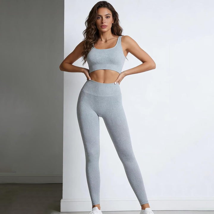 Damen Sportanzüge Jogginganzug Sport Sets 2 Teilig Workout Outfit Set Sport Crop Top+Hohe Taille Yog