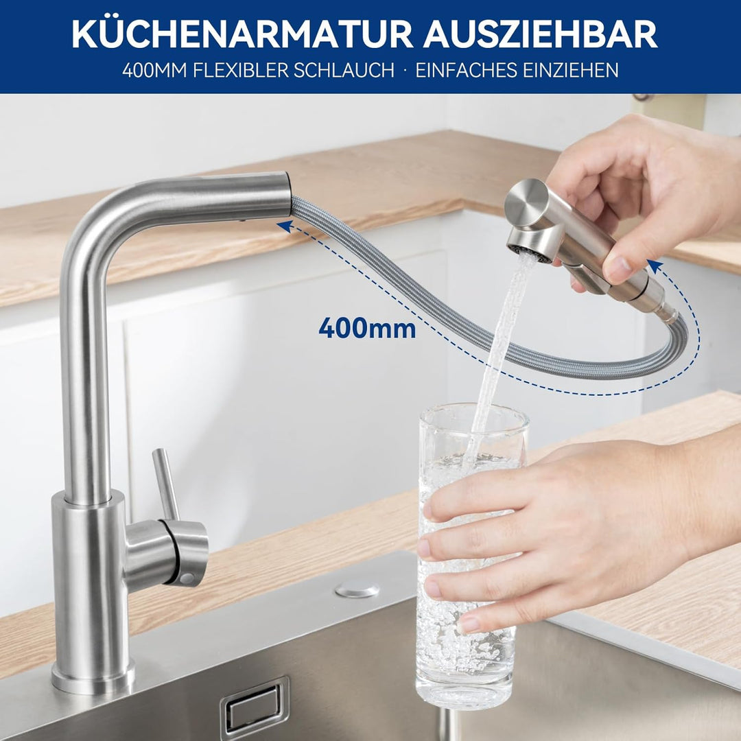 CECIPA Hochdruck Wasserhahn Küche Ausziehbar, Küchenarmatur mit Brause Zwei Wasserstrahlarten, Einhe