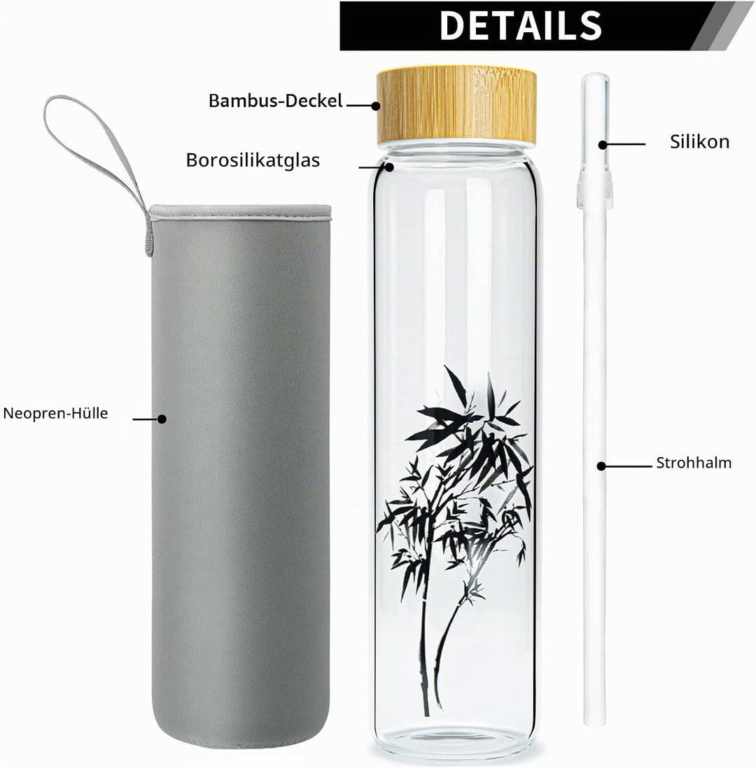 Ferexer Trinkflasche Glas 1l Wasserflasche Glas mit Bambus Deckel 600 ml / 1 Liter Bambus 1liter 100