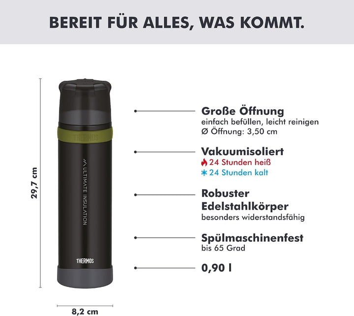 THERMOS MOUNTAIN BEVERAGE BOTTLE 0,9l, black, Thermosflasche Edelstahl mit Trinkbecher, 24 h heiss /