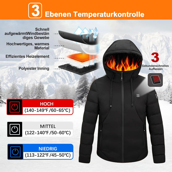 Qdreclod Beheizte Jacke mit Kapuze, Warme Jacke Heizjacke mit 3 Heizstufen, Beheizbare Kapuzenjacke