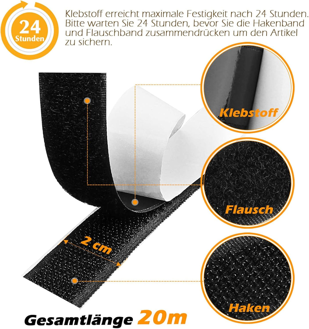 Blooven Klettband Selbstklebend 20 Meter Extra Stark, Doppelseitig Klebende mit Klettverschluss 20mm