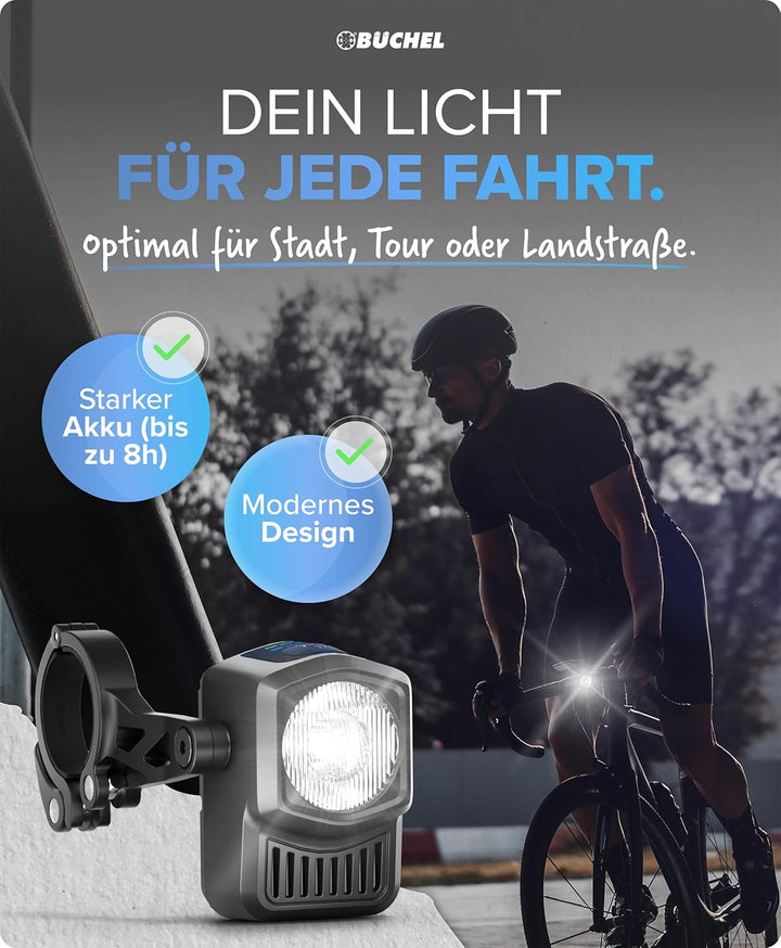 BÜCHEL Fahrradlicht Set - USB-C Fahrrad Lichter LED Set mit 8h Leuchtdauer & Kontrollanzeige - Front