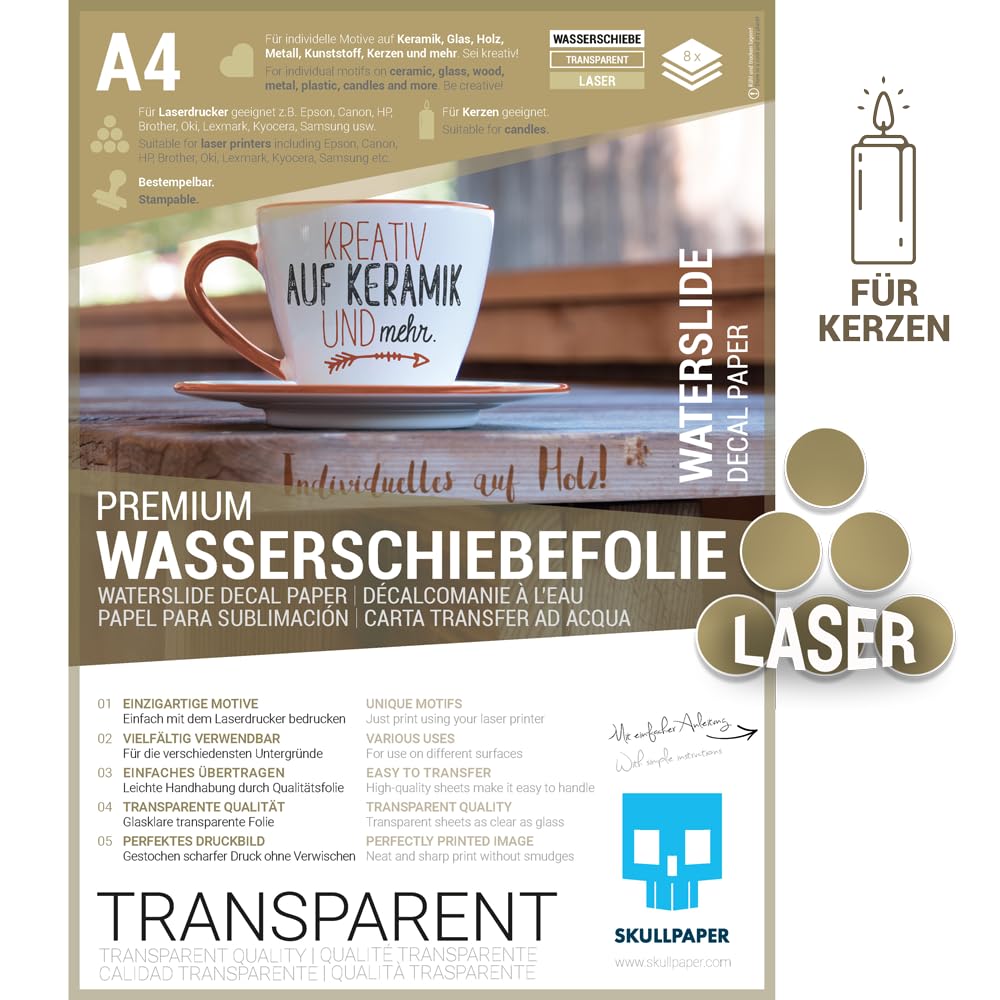 SKULLPAPER® Wasserschiebefolie TRANSPARENT für Laserdrucker - hauchdünn DIY Decal Abziehbild - Nasss