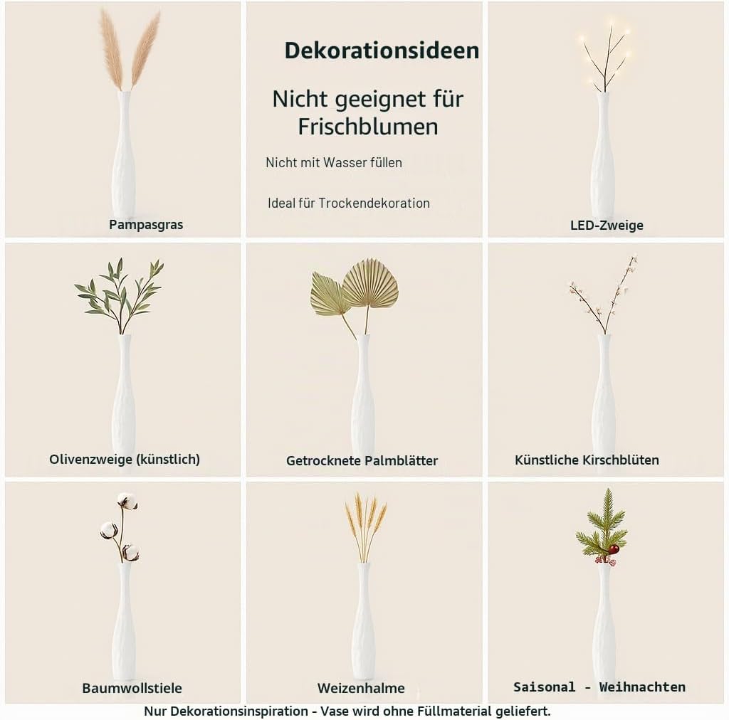 Leewadee Grosse Bodenvase für Dekozweige hohe Standvase Design Holzvase, Holz, 70 cm, Weiss 70 cm We