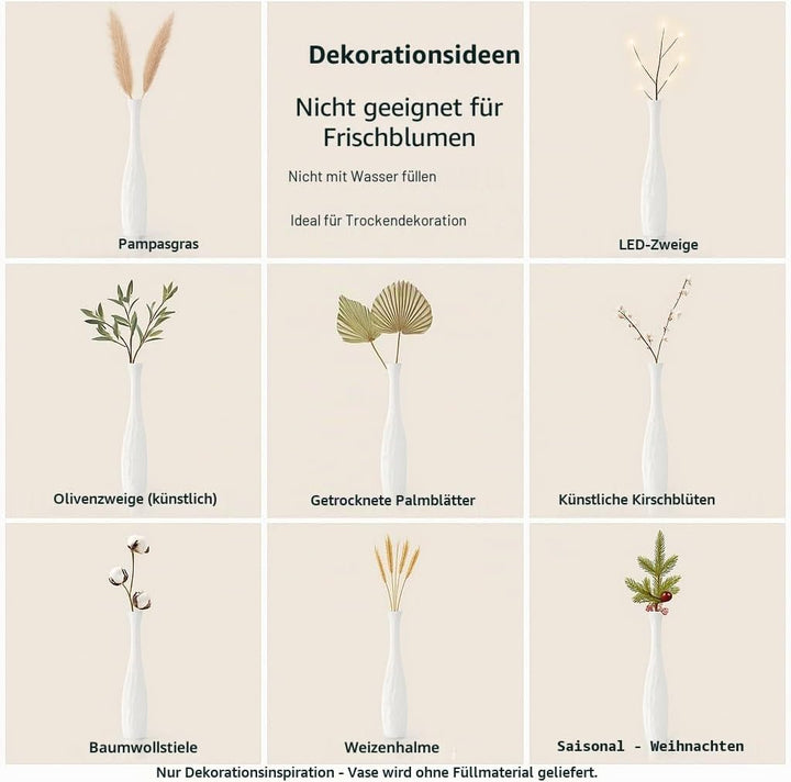 Leewadee Grosse Bodenvase für Dekozweige hohe Standvase Design Holzvase, Holz, 70 cm, Weiss 70 cm We