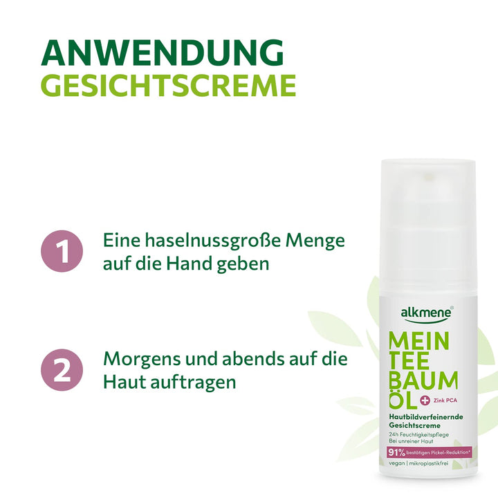 alkmene Mein Teebaumöl Gesichtscreme 3x 50 ml Pickel Reduktion 91% bestätigt - Naturreines Teebaumöl