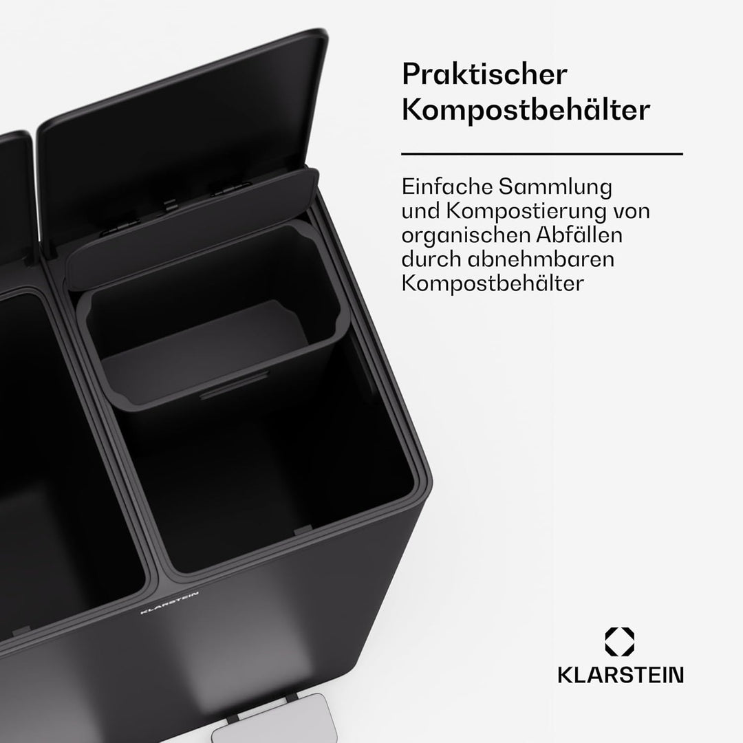 Klarstein EcoVista Mülleimer - 60L Abfalleimer mit 2 Fächern & 3L Kompostbehälter, Soft-Close, Edels