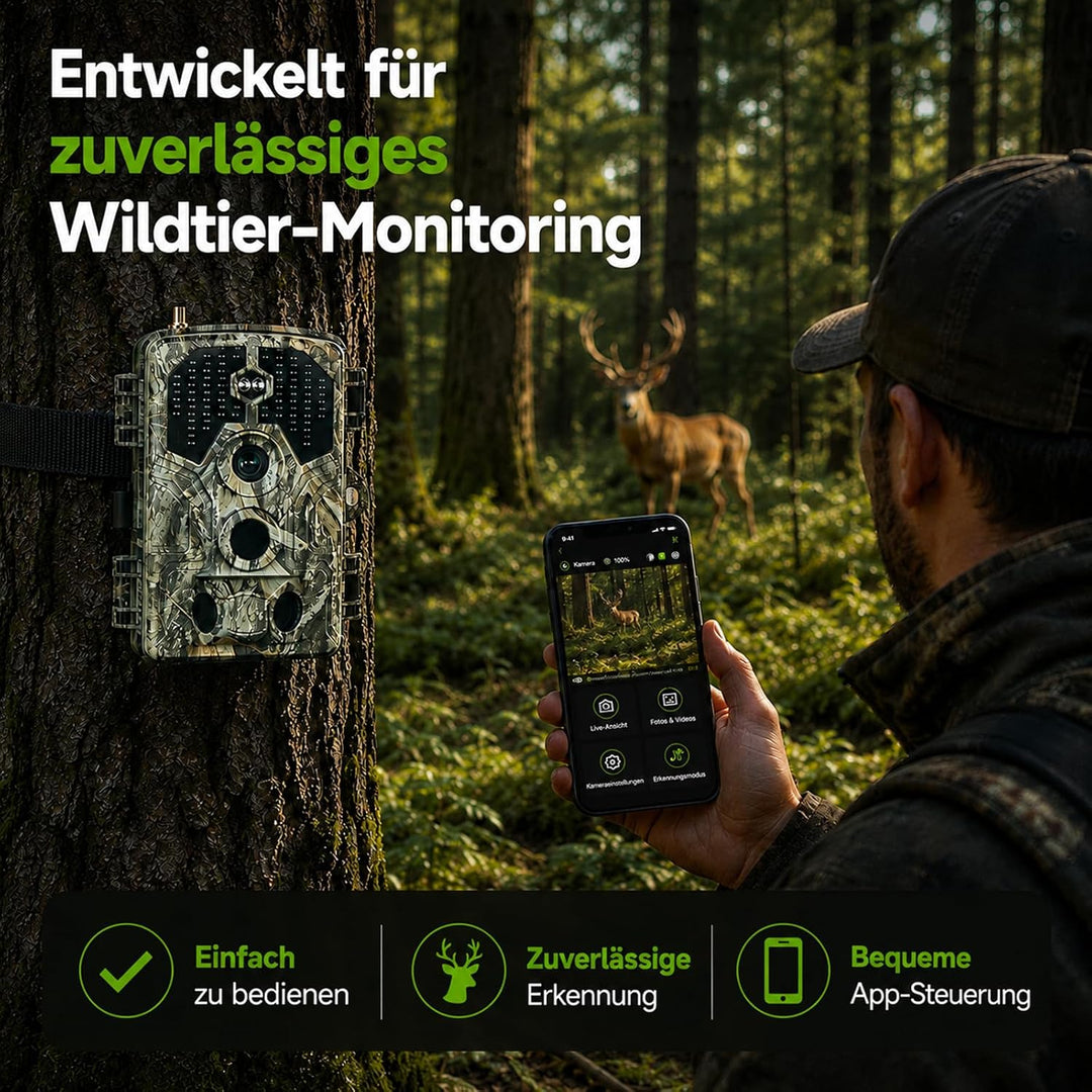 Wildkamera mit Handyübertragung App – 4K Video & 64MP Fotos – WLAN & Bluetooth – Wildtierkamera mit