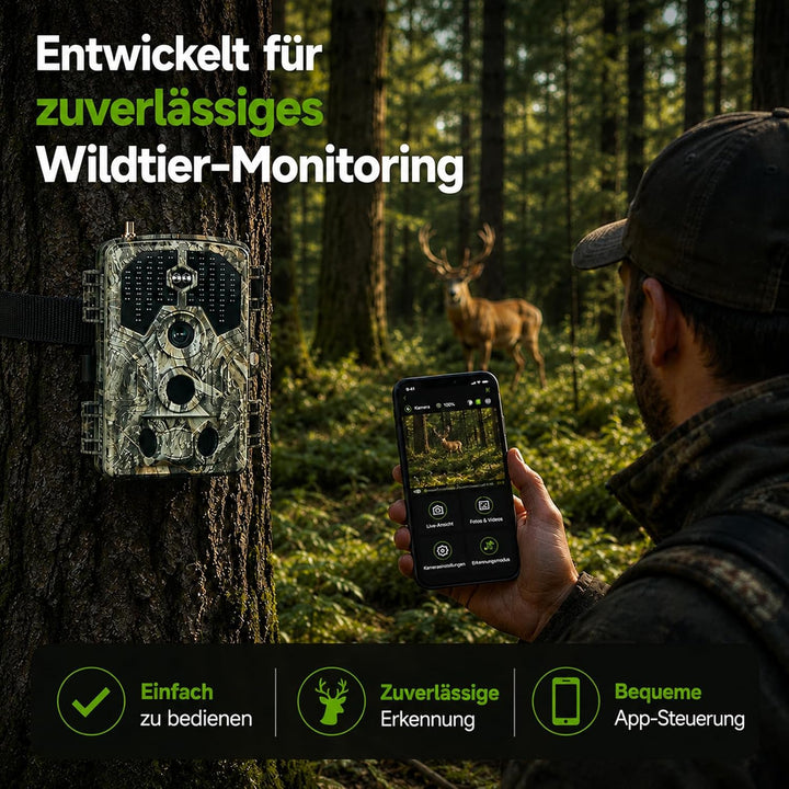 Wildkamera mit Handyübertragung App – 4K Video & 64MP Fotos – WLAN & Bluetooth – Wildtierkamera mit